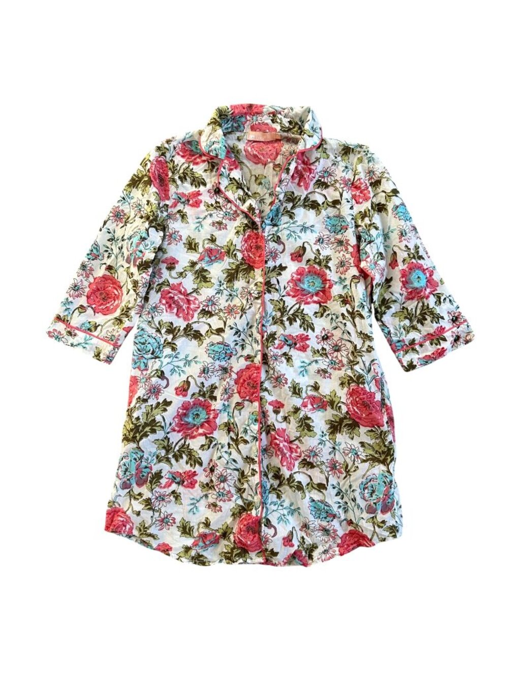 La Cera Women's Sz Medium Floral 3/4 Sleeve Cotton Nightgown With Pockets